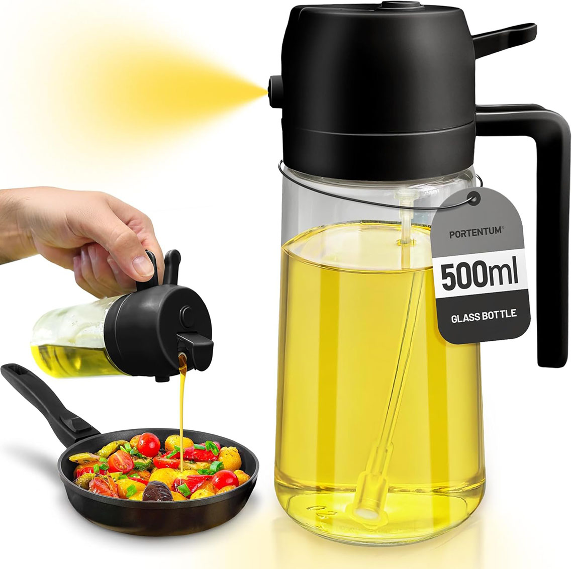 Oil Dispenser 2 in 1 Oil Sprayer Spray, 500ml / 17oz Glass Bottle for Air Fryer, BBQ (Black)
