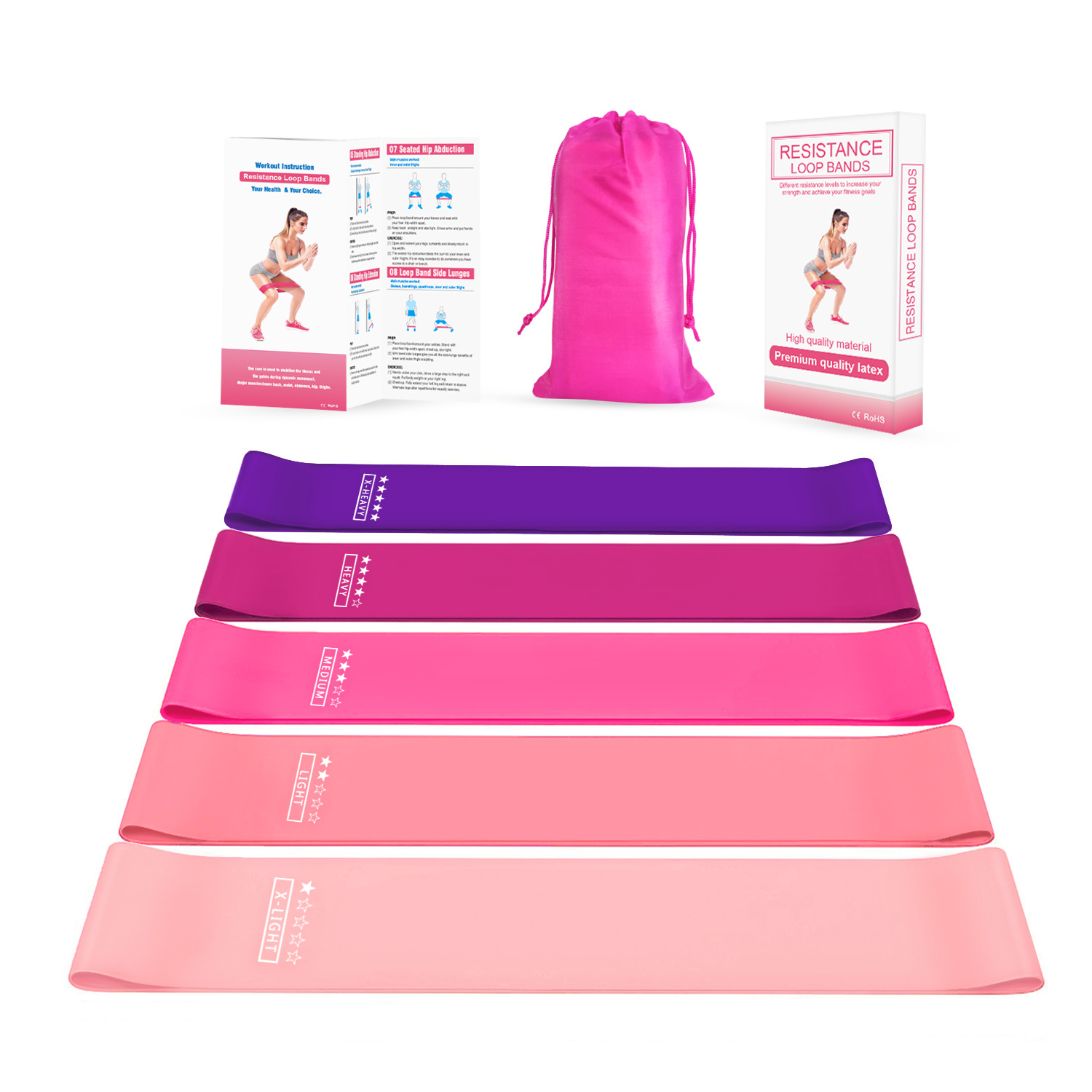 Latex Resistance Loop Exercise Bands, set of 5, Red