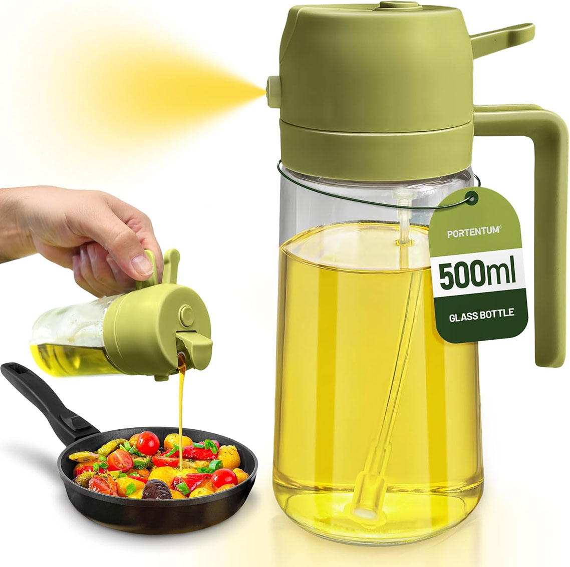 Oil Dispenser 2 in 1 Oil Sprayer Spray, 500 ml / 17 oz Glass Bottle for Air Fryer, BBQ (Green)