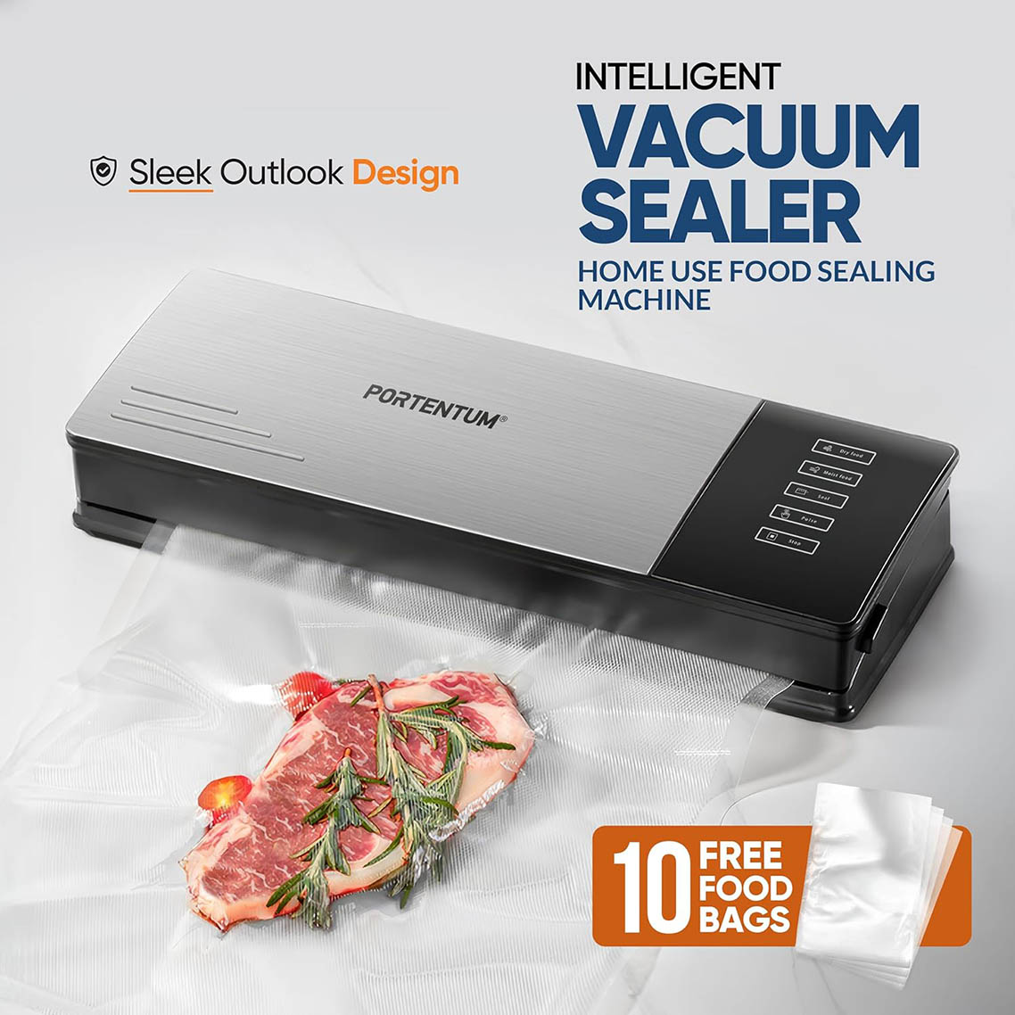 Vacuum Sealer with 10 Free Bags - Domestic Vacuum Sealer Machine - Food Sealer with Extra Strong Suction and Stainless Steel Finish